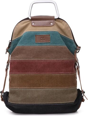 PORRASSO Women Backpack Canvas Crossbody Bag Multi-Color Striped Shoulder Bag Satchel Ladies Tote Daypack for Travel Work Shopping Daily Use Red in Kuwait