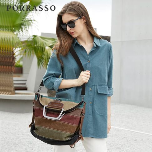 PORRASSO Women Backpack Canvas Crossbody Bag Multi-Color Striped Shoulder Bag Satchel Ladies Tote Daypack for Travel Work Shopping Daily Use Red in Kuwait