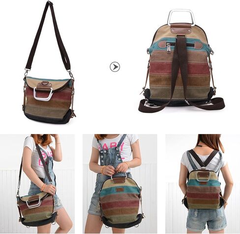 PORRASSO Women Backpack Canvas Crossbody Bag Multi-Color Striped Shoulder Bag Satchel Ladies Tote Daypack for Travel Work Shopping Daily Use Red in Kuwait