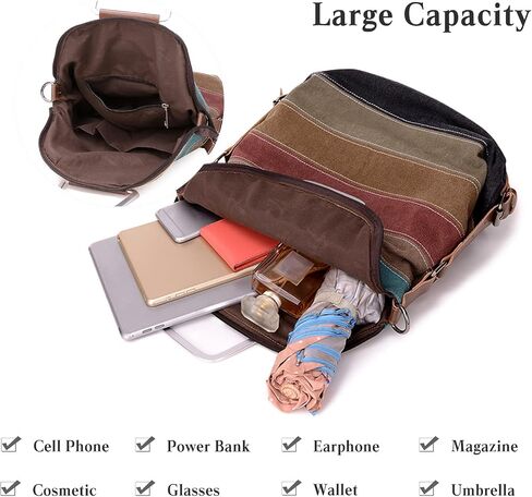 PORRASSO Women Backpack Canvas Crossbody Bag Multi-Color Striped Shoulder Bag Satchel Ladies Tote Daypack for Travel Work Shopping Daily Use Red in Kuwait