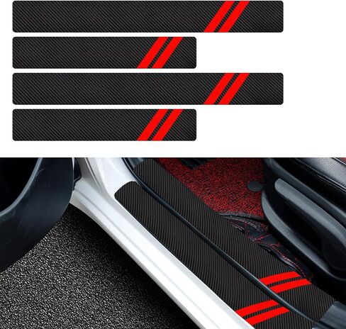 4 PCS Car Door Sill Protector, Car Door Entry Guard Sill Protector with Plastic Scraper Carbon Fiber Leather Threshold Stickers, Trunk Anti-scratch Decoration, Universal for Most Cars (Red) in Saudi Arabia