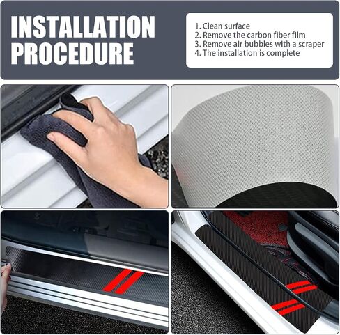 4 PCS Car Door Sill Protector, Car Door Entry Guard Sill Protector with Plastic Scraper Carbon Fiber Leather Threshold Stickers, Trunk Anti-scratch Decoration, Universal for Most Cars (Red) in Saudi Arabia
