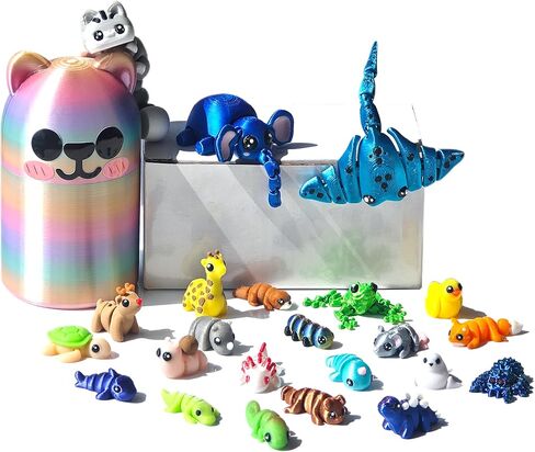 22PCS 3D Printed Mini Animal Set, 20pcs + 1Random Pet + 1 Gift Box, Cute 3-D Print Fidget Animals Executive Desk Decoration, Gradient Silk Rainbow in Kuwait