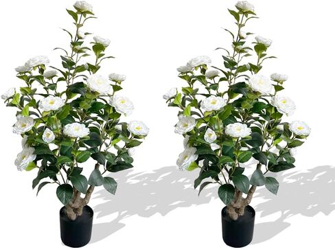 2 Pack 39" Artificial Camellia Tree, 3.2 Ft Fake Camellia Plant with 28 Blooming White Flowers, Artificial Plants in Pot for Home Front Door Christmas Indoor & Outdoor Decor in Saudi Arabia