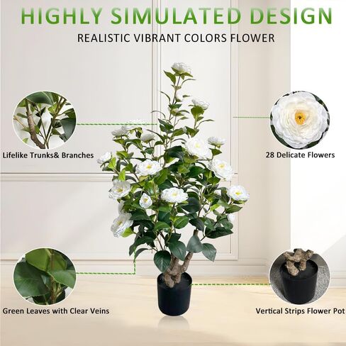2 Pack 39" Artificial Camellia Tree, 3.2 Ft Fake Camellia Plant with 28 Blooming White Flowers, Artificial Plants in Pot for Home Front Door Christmas Indoor & Outdoor Decor in Saudi Arabia