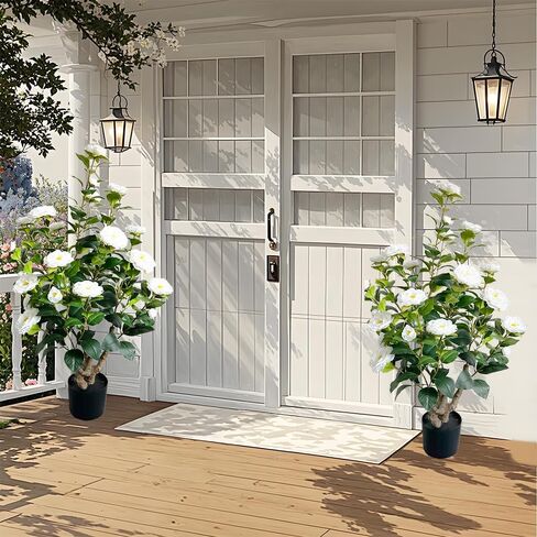 2 Pack 39" Artificial Camellia Tree, 3.2 Ft Fake Camellia Plant with 28 Blooming White Flowers, Artificial Plants in Pot for Home Front Door Christmas Indoor & Outdoor Decor in Saudi Arabia