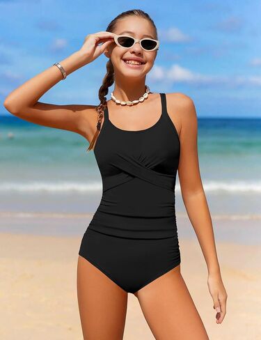 WIQI Girls Swimsuit Criss Cross Ruched One Piece Bathing Suit for Girls Adjustable Tie Back Swimwear 9-16Y in Kuwait