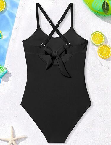 WIQI Girls Swimsuit Criss Cross Ruched One Piece Bathing Suit for Girls Adjustable Tie Back Swimwear 9-16Y in Kuwait