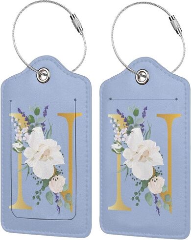 2 PCS Flower Lette N Luggage Tag for Suitcases Leather Travel Cruise Luggage Tags with Stainless Steel Loop Privacy Cover Id Label Suitcase Tags Blue in Saudi Arabia