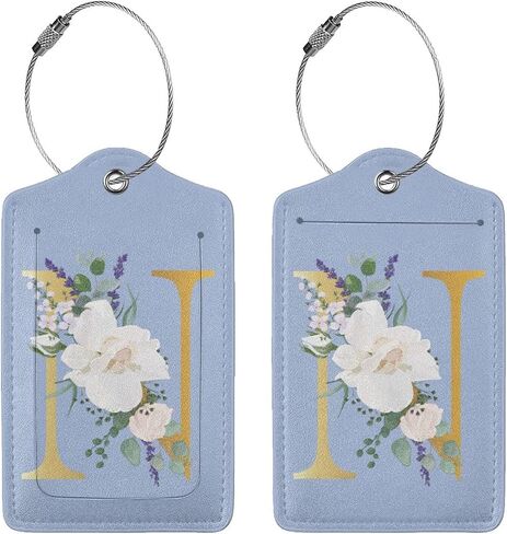 2 PCS Flower Lette N Luggage Tag for Suitcases Leather Travel Cruise Luggage Tags with Stainless Steel Loop Privacy Cover Id Label Suitcase Tags Blue in Saudi Arabia