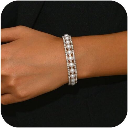 Pearl Stretch Cuff Bracelet for Women Adjustable Rhinestone Crystal Bracelet Wedding Party Brides Bridesmaid Jewelry in Saudi Arabia