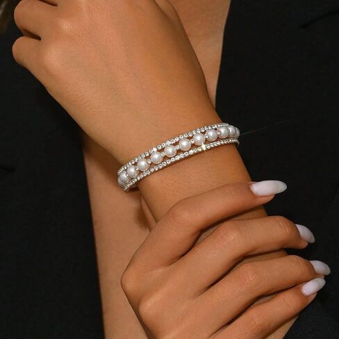 Pearl Stretch Cuff Bracelet for Women Adjustable Rhinestone Crystal Bracelet Wedding Party Brides Bridesmaid Jewelry in Saudi Arabia