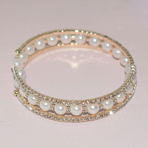 Pearl Stretch Cuff Bracelet for Women Adjustable Rhinestone Crystal Bracelet Wedding Party Brides Bridesmaid Jewelry in Saudi Arabia