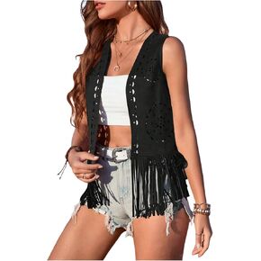 Women's Tassel Vest 70s Hippie Faux Suede Cowgirl Western Jacket Open Front Fringe Vest Boho Hollow Out Cardigan Vest
