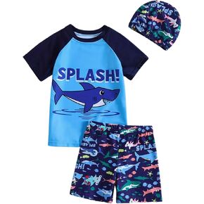Toddler Boys Blue Shark Swimsuit - Kid Bathing Suit Short Sleeve Shirt Swim Trunks Hat Rash Guard Swimwear 3Pcs Set