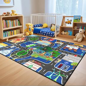 Road Rug for Kids - Car Rug Play Mat for Boys Room, Blue Road Carpet Playmat Fun Race Track Car Carpet for Kids Bedroom Playroom Home Decor Floor Mat, 5x7 Feet