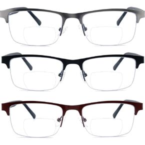 3 Pack Bifocal Reading Glasses for Men Metal Half Frame Bi-focal Readers Clear Top Far/Near Dual-use Eyeglasses,Black/Brown/Gun metal, +2.50