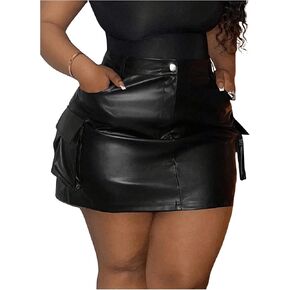 Wdirara Women's Plus Size Pu Leather Mini Mini Skirt High Cherced Flap Pocket Cargo Skirt