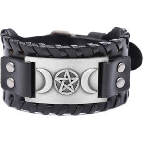 NIGHTCRUZ Triple Moon Goddess Leather Bracelet - Witch Leather Cuff Bracelet - Wicca Pentagram Wristband