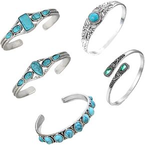 5Pcs Turquoise Bracelets Set for Women Turquoise Cuff Bracelets for Women Adjustable Silver Bangle Bracelets for Women Cowgirl Stackable Bracelets Boho Western Jewelry for Women
