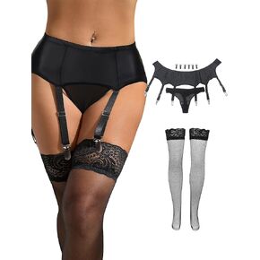 Ohyeahlady Womens Faux Leather Ramter Belt مع 6 مجموعات معدنية معدنية مثيرة لأعلى فخذ مع ثونغات G-String