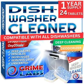 GRIME LABS Dishwasher Cleaner Deodorizer Descaler Tablets, 24 pack Heavy Duty Deep Clean and Natural Limescale Remover Rinse Aid Compatible, Dish Washer Cleaner Machine Pods, 12 Months Supply