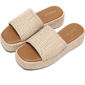 Platform Espadrilles Sandals for Women Wedges Slides Slip on Bohemia Sandals Beach Vacation Shoes Chunky Flatform Open Toe Nude Summer Cork Woven