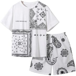 Boy's 2 Piece Outfits Short Sleeve Crewneck Graphic Tees and Track Shorts Set