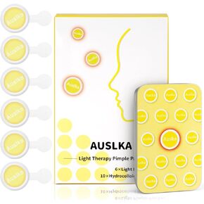 تصحيح بثرة AUSLKA ، التصحيح البارز ، بقع Zit Hydrocolloid Red LED ، النقاط الموضعية للبليميش ، 6 عبوات ، استخدم 6-8 ساعات (أصفر ، يقلل من علامات البالة الحمراء والأسود) in Kuwait