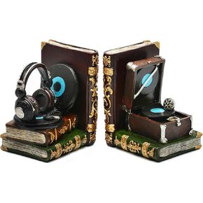Vintage Bookends Decorative Headphone Record Player Book Ends Unique Music Lovers Book Stopper Heavy Duty Bookends for Desk,Shelves,Home Office Decor,Vintage Gifts