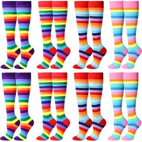 Vicenpal 8 Pairs Rainbow High Socks Unisex Rainbow Striped Knee Socks Colorful Pride Gift Socks for Men Women