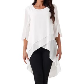 Seta T Women's High Low Tops Scoop Neck Chiffon Blouse Asymmetrical Loose Shirt 3/4 Sleeve Casual Summer Tops