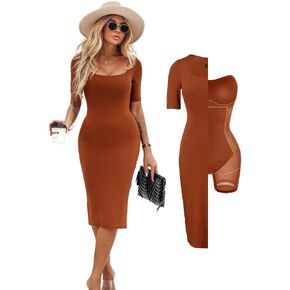Built-in Removable Shapewear Bra Pad Bodycon Midi Dress Knitted Ribbed Square Neck Short Sleeve Basic Party Dresses