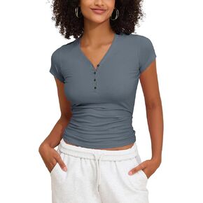 PrettyGuide Womens Short Sleeve Cotton Jersey Tops V Neck Henley T Shirts Slim Fit Casual Summer Tops Basic Tee Shirts
