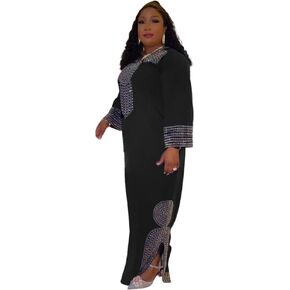 HD Rhinestone Pattern Muslim Gown Fancy Chiffon Abaya Dress for Women with Heard Wrap