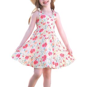 FYMNSI Girls Dresses for Toddler Kids Summer Sleeveless Spaghetti Straps Striped Floral Ruffle Casual Dress Beach Sundress