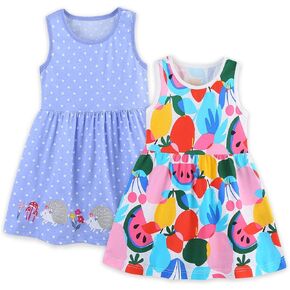 Girl's Summer Dresses Cotton Short Sleeve and Sleeveless Dress for Kids Girls Casual Skater Playwear Dresses Set 2 Pack