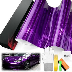 1.6FTx5FT PET Stealth Carbon Fiber Gloss Royal Purple Vinyl Wrap Auto Car Sticker Decal Film Sheet Bubble Free Air Release Technology with Tool Set
