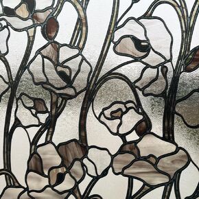 Original Hand Drawn Privacy Textured Stained Glass Window Film, Double Sided Decorative Floral Window Film Privacy for Home, Window Clings Mocha Poppy for Mother's Day 11.81"X39.37"