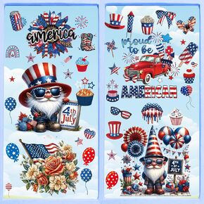 4th of July Window Clings - 12 Sheets Fourth of July Decorations Patriotic Red White Blue Window Decals for Glass Windows Independent Day Gnomes Window Stickers Office Home Double Sided