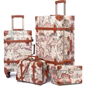 urecity Vintage Luggage Set of 4, Victorian Map Print, 26 inch, 20 inch, 12 inch, 12.5 inch