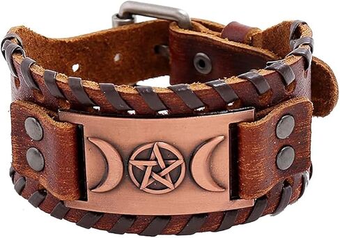 NIGHTCRUZ Triple Moon Goddess Leather Bracelet - Witch Leather Cuff Bracelet - Wicca Pentagram Wristband in Saudi Arabia