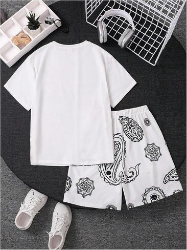 Boy's 2 Piece Outfits Short Sleeve Crewneck Graphic Tees and Track Shorts Set in Saudi Arabia