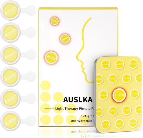 تصحيح بثرة AUSLKA ، التصحيح البارز ، بقع Zit Hydrocolloid Red LED ، النقاط الموضعية للبليميش ، 6 عبوات ، استخدم 6-8 ساعات (أصفر ، يقلل من علامات البالة الحمراء والأسود) in Kuwait
