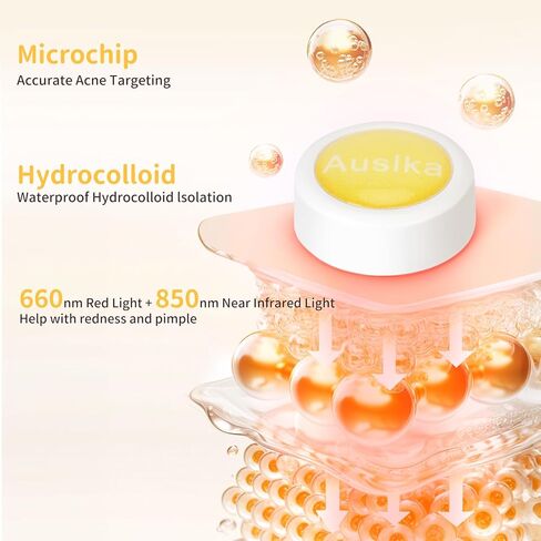 تصحيح بثرة AUSLKA ، التصحيح البارز ، بقع Zit Hydrocolloid Red LED ، النقاط الموضعية للبليميش ، 6 عبوات ، استخدم 6-8 ساعات (أصفر ، يقلل من علامات البالة الحمراء والأسود) in Kuwait
