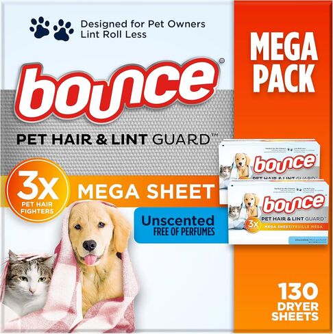 Bounce Pet Hair and Lint Guard Mega Fabric Softener Dryer Sheets with 3X Pet Hair Fighters, Unscented, 150 Count in Kuwait