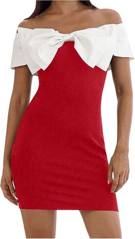 Floerns Women's Off Shoulder Short Sleeve Mini Dress Bow Front Bodycon Dresses in Kuwait