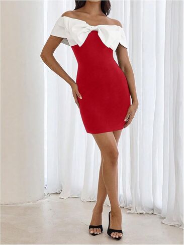 Floerns Women's Off Shoulder Short Sleeve Mini Dress Bow Front Bodycon Dresses in Kuwait