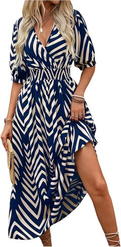 SweatyRocks Women's Summer Half Sleeve Wrap V Neck Smocked A Line Midi Dress in Saudi Arabia