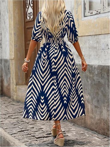 SweatyRocks Women's Summer Half Sleeve Wrap V Neck Smocked A Line Midi Dress in Saudi Arabia